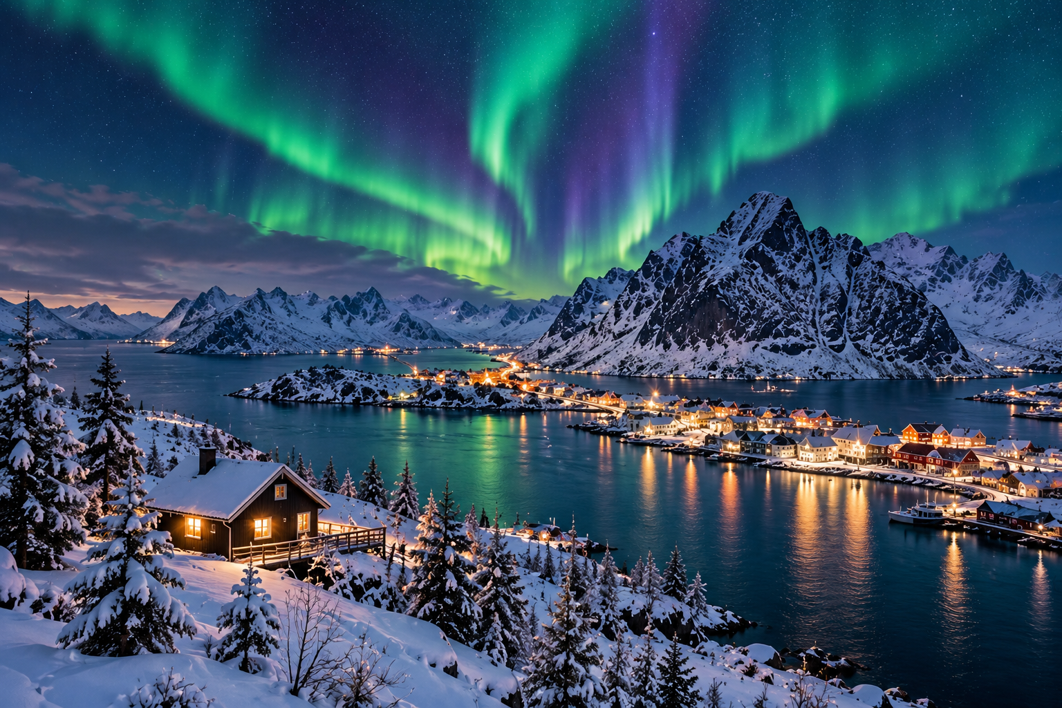 Scandinavia in winter with snowy mountains and Northern Lights