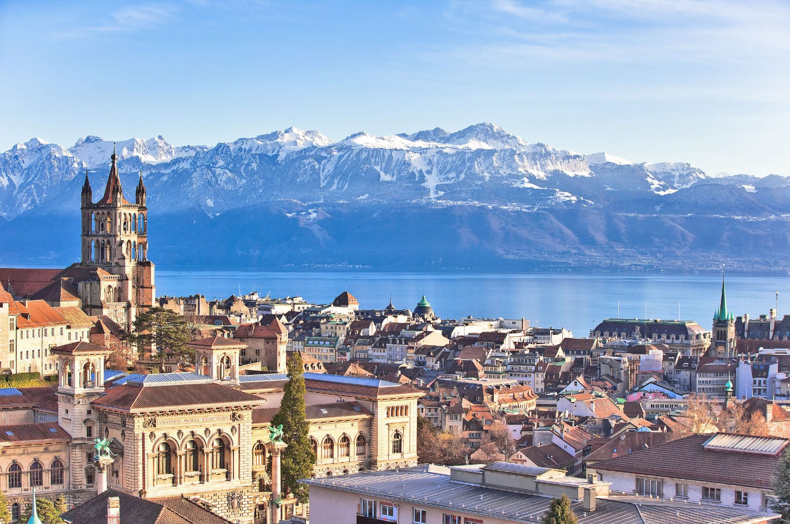 Lausanne Switzerland city overlooking Lake Geneva