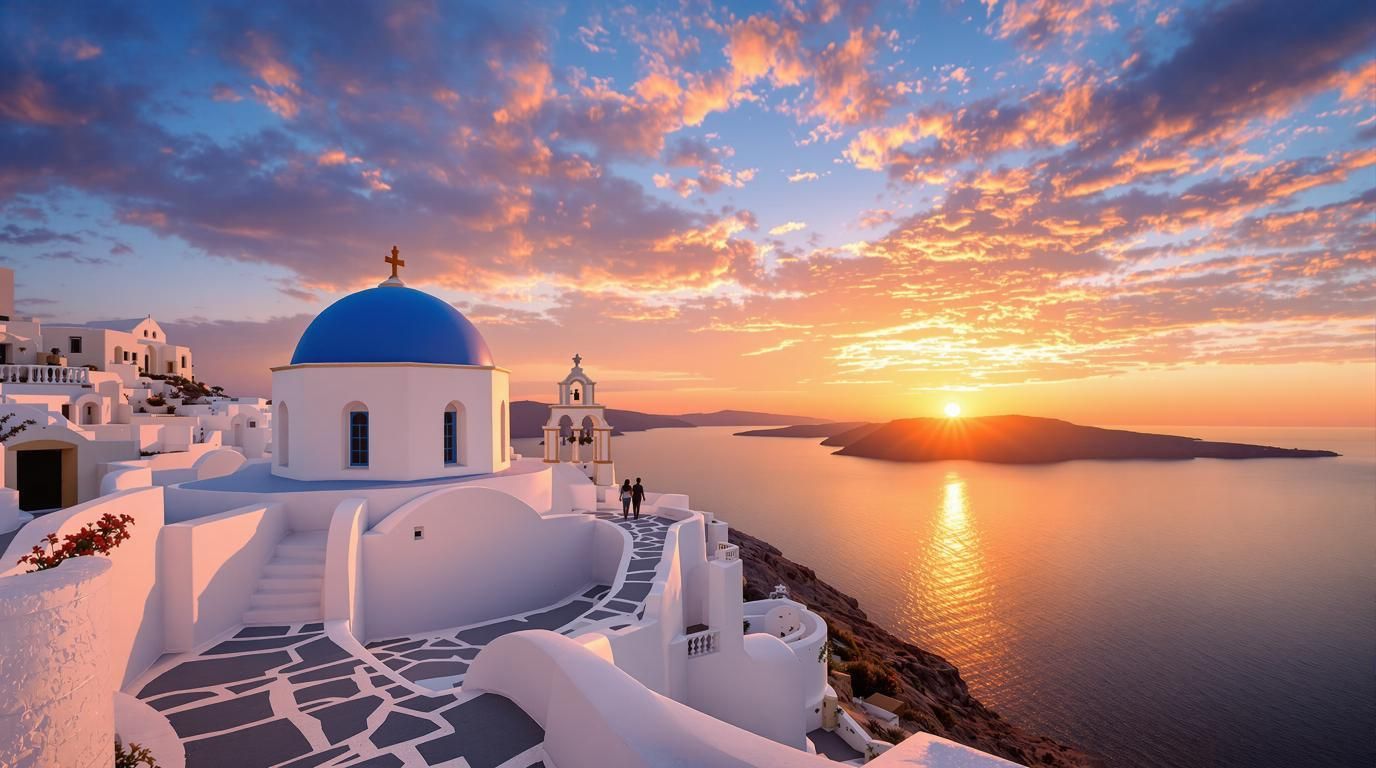 Santorini Greece blue domes and sea