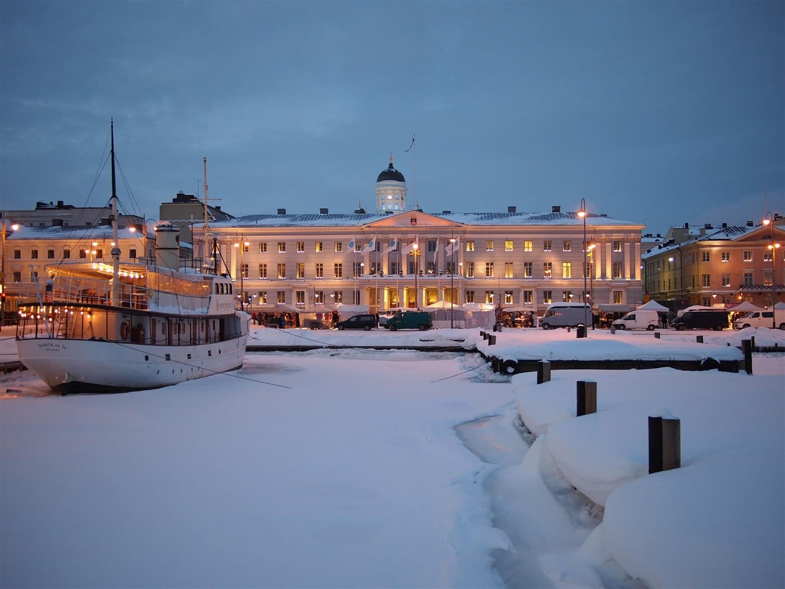 Helsinki winter cityscape with snowy streets