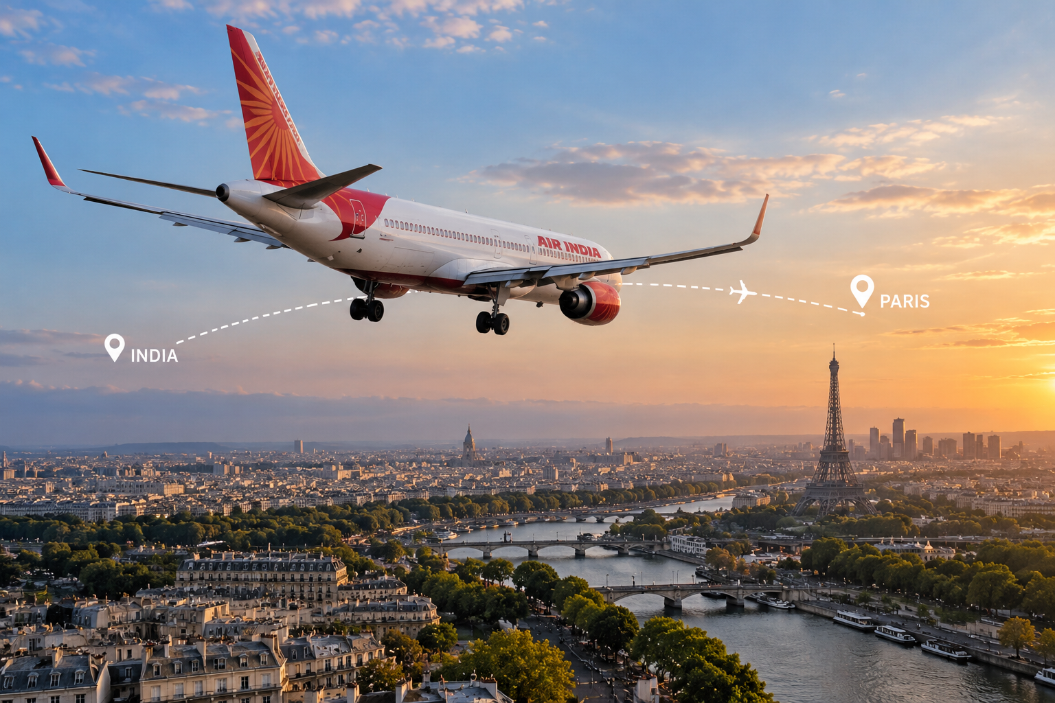 Airplane travelling from India to Paris