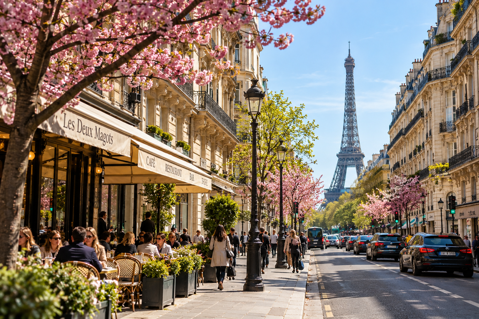 Paris streets in spring with classic French architecture